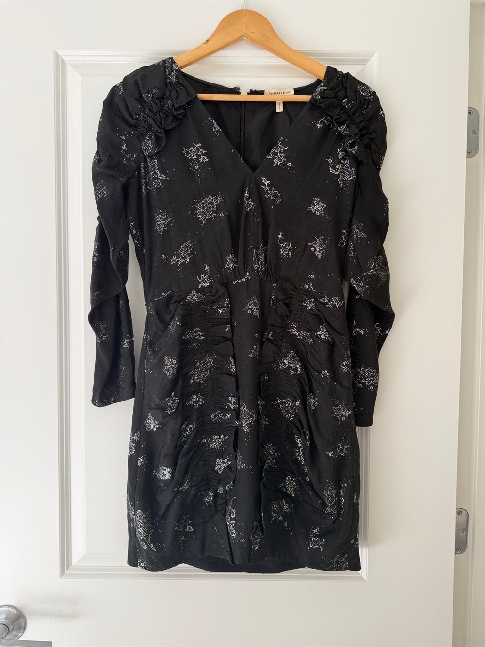 Rebecca Taylor Black Floral-Print Long Sleeve Mini Dress